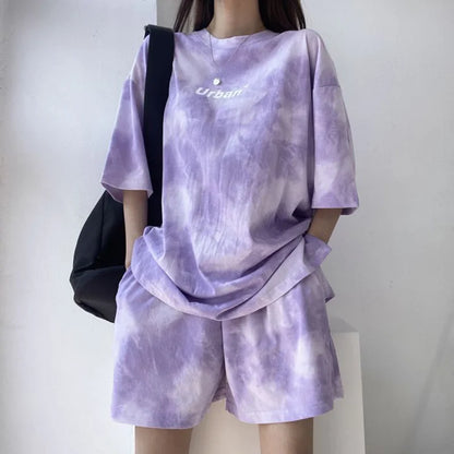 Women Summer 2024 New Fashion Cool Tie Dye Two-Piece Set Leisure And Comfortable Loose Elastic Waist Shorts Set Purple