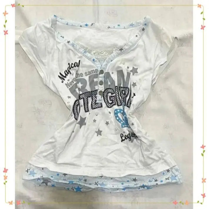 Millennium Y2k Star Printed Fake Two Piece T-Shirt American Vintage V-neck Short Sleeve T-shirt Harajuku Y2k V-neck T-shirt