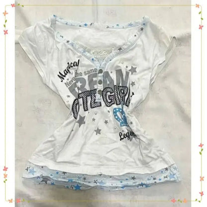 Millennium Y2k Star Printed Fake Two Piece T-Shirt American Vintage V-neck Short Sleeve T-shirt Harajuku Y2k V-neck T-shirt
