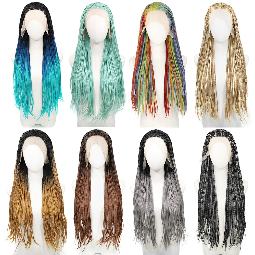 Ombre Blue Box Braided Wigs for Women 26inch Knotless Goddess Box Braid Lace Front Wig Colored Crochet Braid Synthetic Wig