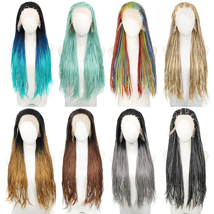 Ombre Blue Box Braided Wigs for Women 26inch Knotless Goddess Box Braid Lace Front Wig Colored Crochet Braid Synthetic Wig