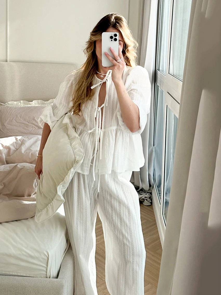 Marthaqiqi Winter Women Pajamas Suit Lace Up Sleepwear Long Sleeve Nightgowns O-Neck Nightwear Pants Casual Ladies Home Clothes WHITE CN
