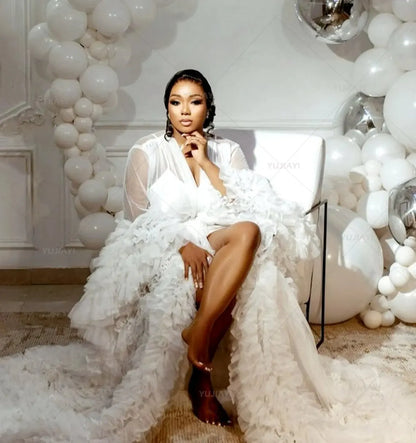 Maternity Gown for Baby Shower Dressing Gown Perspective Sheer Skirt Long Tulle Bridal Robe Puffy Sleepwear for Women Nightwear