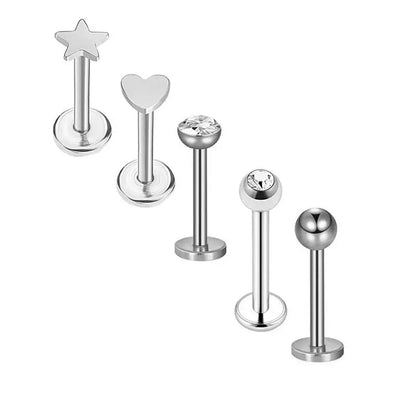 5PCS Flower Tragus Piercing Set Flat Back Cz Cartilage Stud Earring Helix Jewelry Conch Rook Stud Lot Labret Lip Piercing Bulk 5PCS Set2