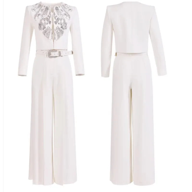 Elegant Office Ladies Designer Handmade Diamonds Slim Fit Short Jacket Hgih Waist Wide Leg Pants Women Two Piece Set Size S-5XL Badiee Stylez