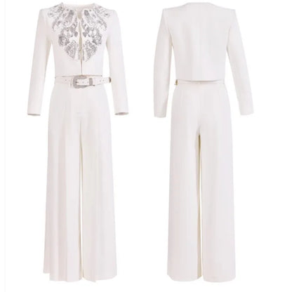 Elegant Office Ladies Designer Handmade Diamonds Slim Fit Short Jacket Hgih Waist Wide Leg Pants Women Two Piece Set Size S-5XL Badiee Stylez