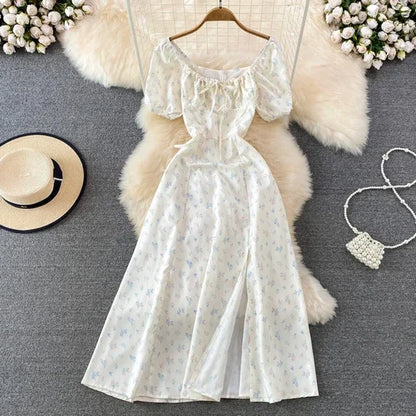 Summer Vintage Dress Blue Floral Summer Bubble Sleeve Tie Up Sexy Dresses Women A-line Print Split Long Dress Elegant Vestidos beige