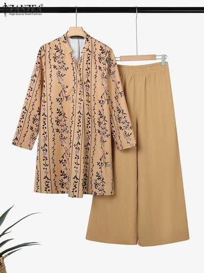 2025 ZANZEA Fashion Autumn Long Shirt Pant Suits Women Outfts 2 Piece Sets Long Sleeve Printed Tops Trousers Casual Tracksuits Badiee Stylez