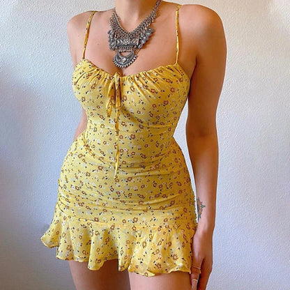 Women's Sexy Casual Home Small Floral Camisole Dress Summer Comfortable Skirt Yellow
