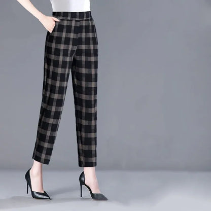 1pcs Spring Summer Women Cotton Comfort Breathable Pants Female Grid Flower Print Casual Loose Pant Lady Haren Straight Leg Pant Grid 1