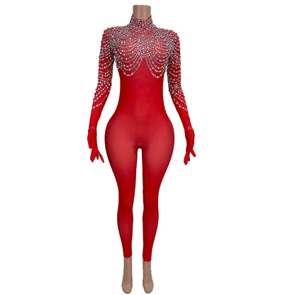 High Elasticity Large Sized Women Jumpsuit Shiny Red Shawl Rhinestone Tight Pants with Glove Acrobatic Pole Dance Costume pijian Badiee Stylez