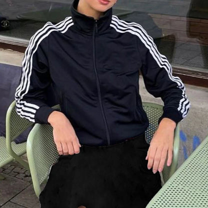 Women Sporty Zip Up Side Striped Jacket Autumn Casual Mock Neck Motorcycle Coats Tops Teen Girls Fashion Long Sleeve Sweatshirts black