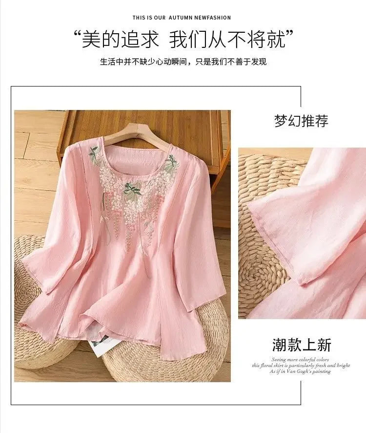 Thin Streetwear Vintage Clothes Ethnic Style Cotton Linen Shirts for Women Clothing Top Tshirt Tees Fashion Casual Embroidery