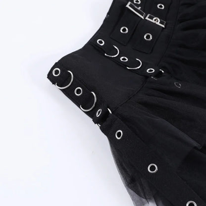 Y2K Street Dark Devil Cloth Strip Pleated Skirt Metallic Buckling Lace Layer Cake Short Skirt Women‘s High-end Design Sex Skirt