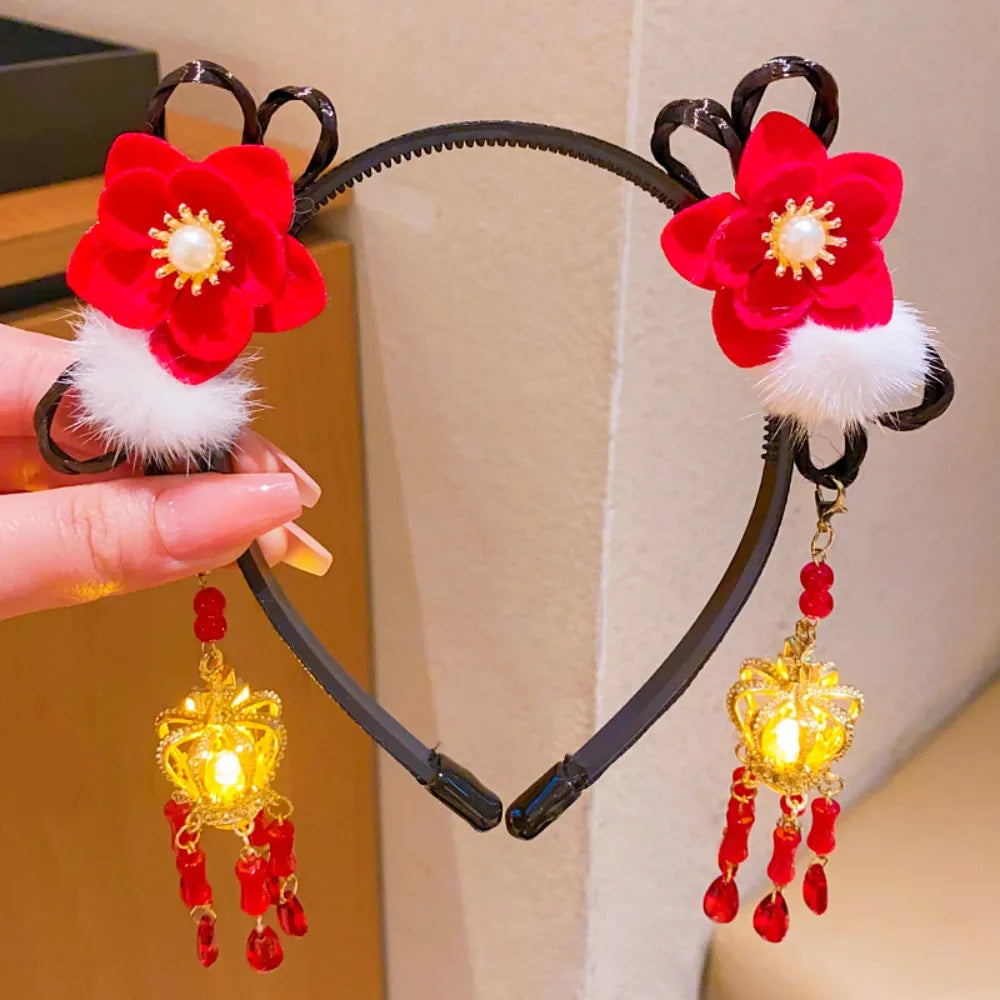 Glowing Hanfu Wig Headband Flower Tassel Chinese Style Luminous Lantern Headband Cute Red New Year Headdress New Year Dress Up Style 4