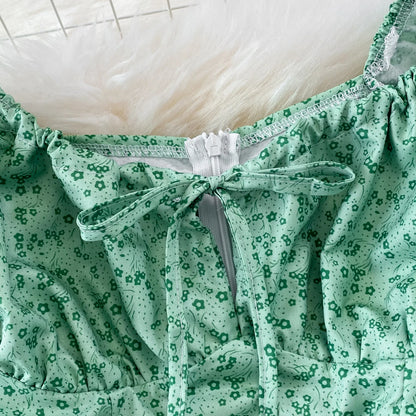 Summer Vintage Dress Blue Floral Summer Bubble Sleeve Tie Up Sexy Dresses Women A-line Print Split Long Dress Elegant Vestidos