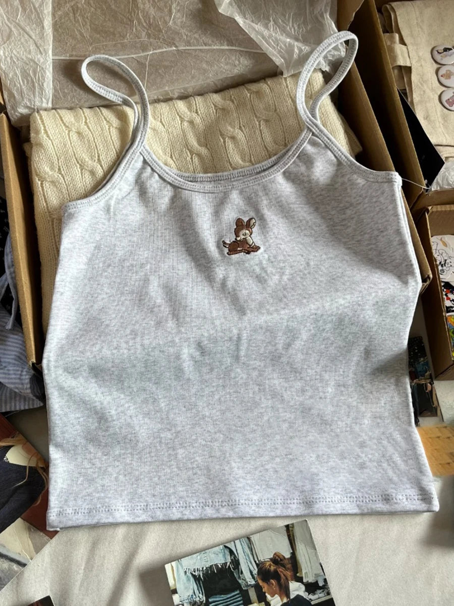 Cute Animal Embroidery Tank Tops Women Summer Lace Trim Cotton Sleeveless Camisole Vests Solid Vintage Sweet Slim Crop Top Y2k Deer-basic One Size