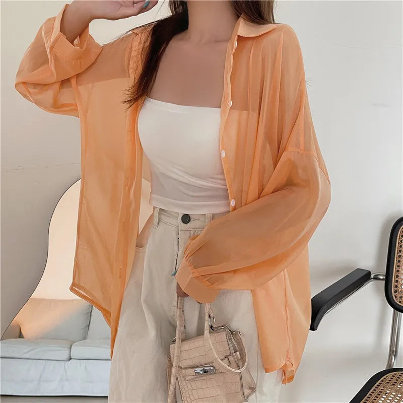 Semi Sheer Long Sleeve Shirt for Women Shimmer Button Down Collared Plain Lightweight Shirt Spring Summer Chic Tops Outfit Orange One Size