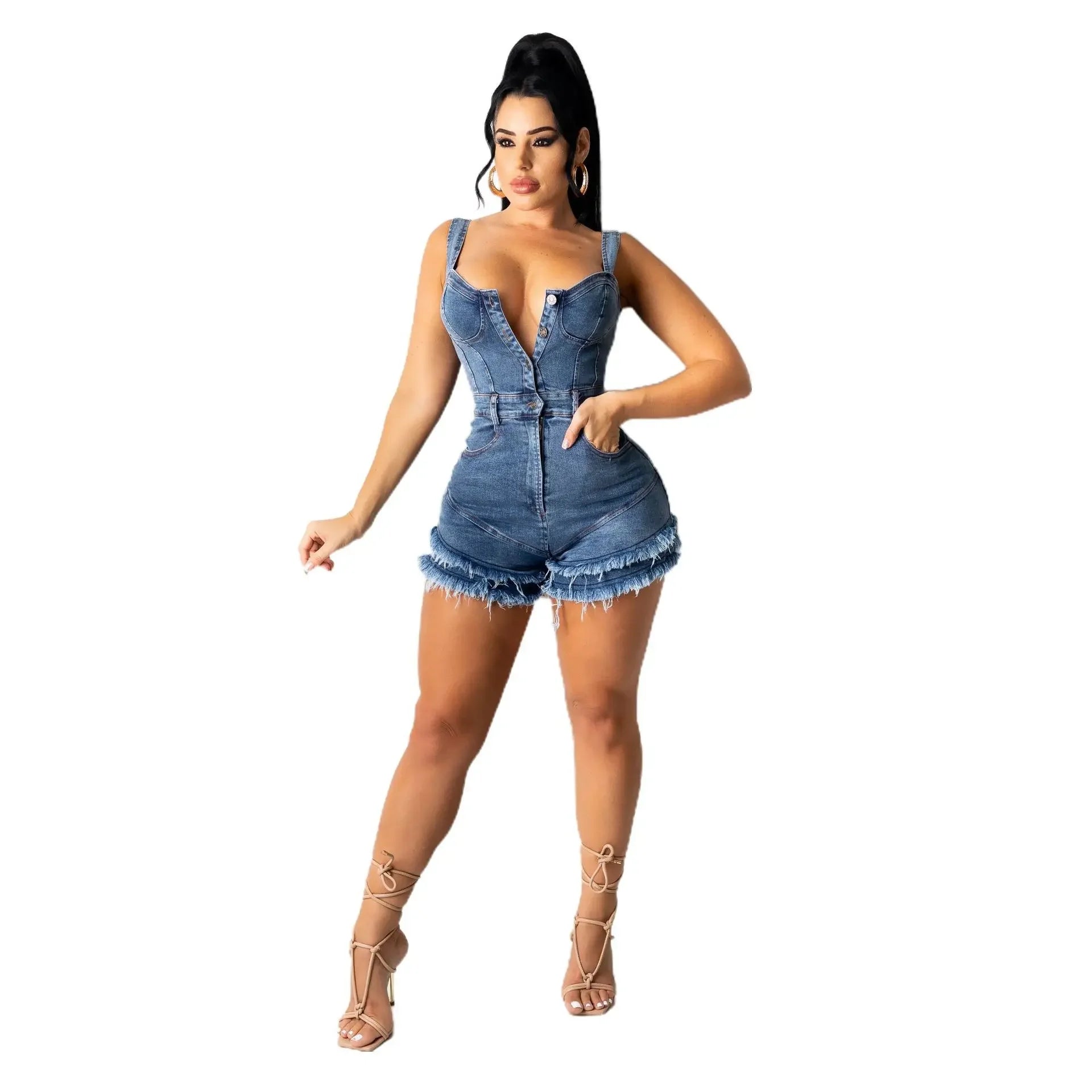 Women Denim Rompers Shorts Jeans Overalls High Waist Spliced Washed Jean Tassel Pockets One Piece Casual Skinny Solid 2025 denim blue