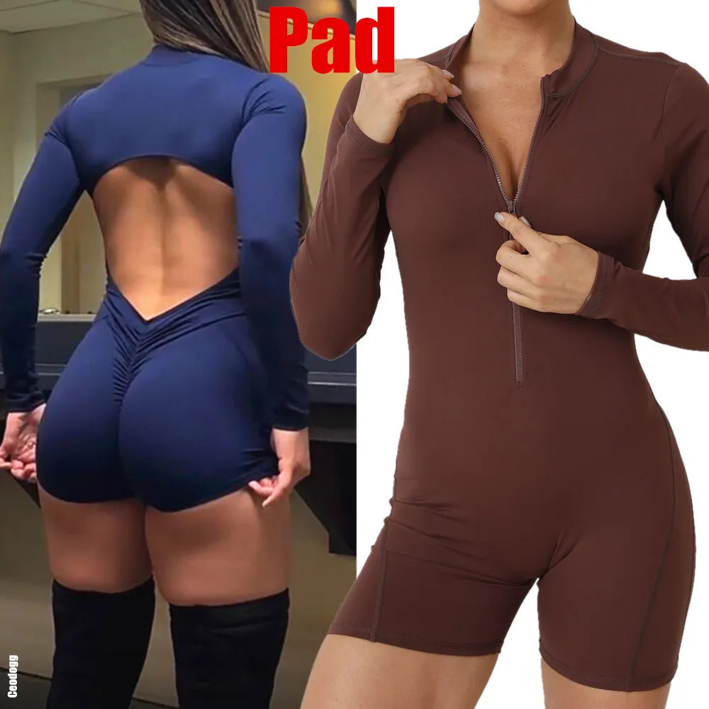 2025 Pad Zipper Long Sleeve Yoga Set Women One Piece Jumpsuit Gym Workout Shorts Fitness Bodysuit Sports Athletic Suit XP358 Badiee Stylez