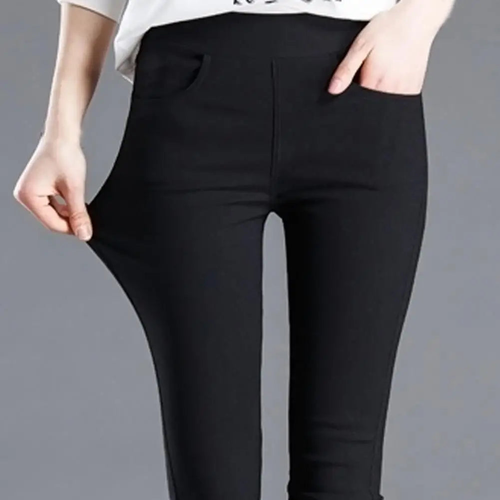 Office Lady Elastic High Waist Solid Color Trousers Summer Thin Female Clothing Casual Pockets Slim Nine Points Straight Pants