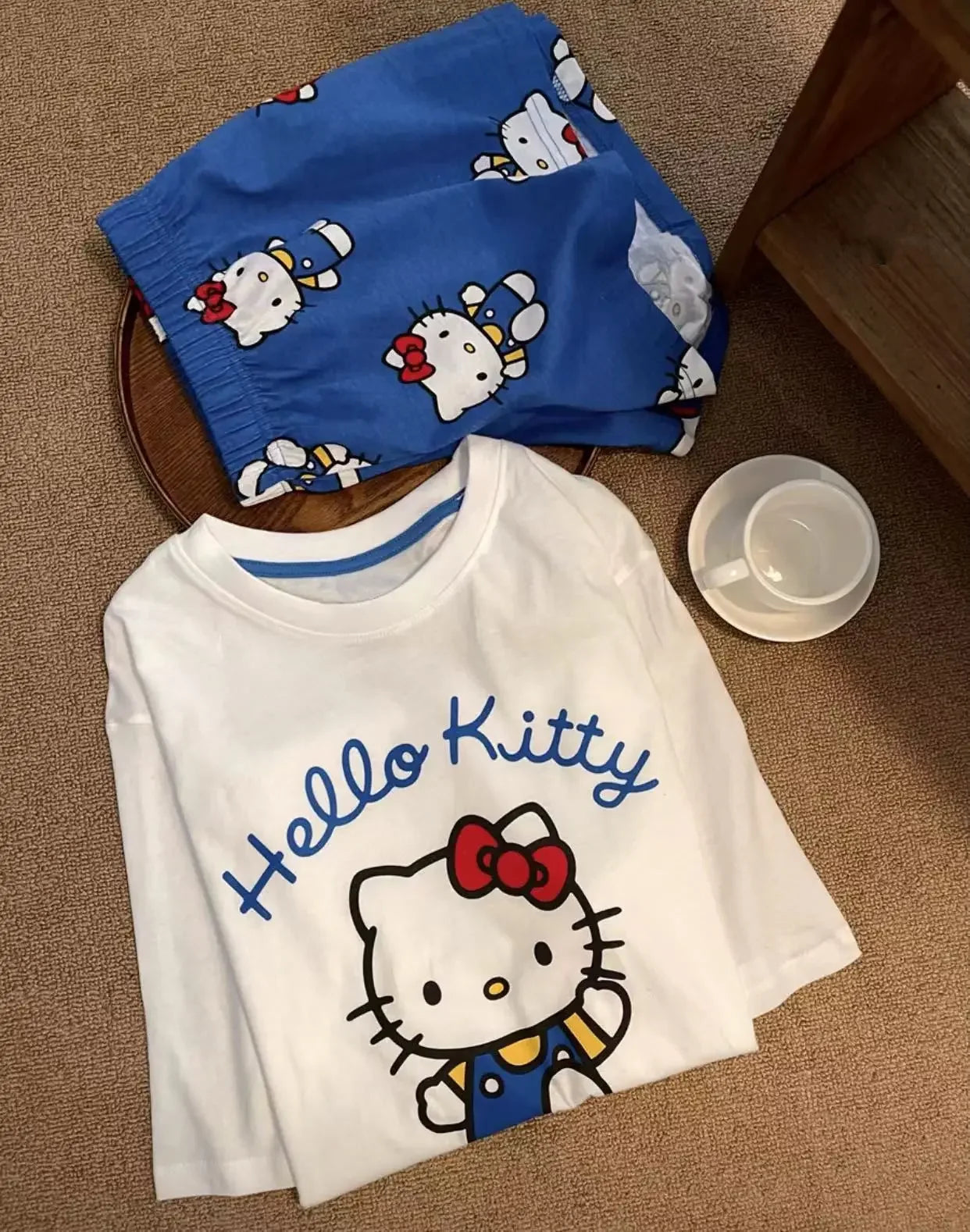 Hello Kitty Summer White & Blue Pajama Set Women's Short Sleeve Shorts with Lace Accents Soft Breathable Loungewear Home Comfort