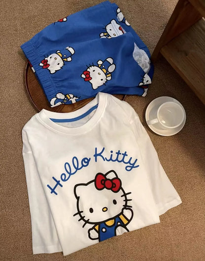 Hello Kitty Summer White & Blue Pajama Set Women's Short Sleeve Shorts with Lace Accents Soft Breathable Loungewear Home Comfort