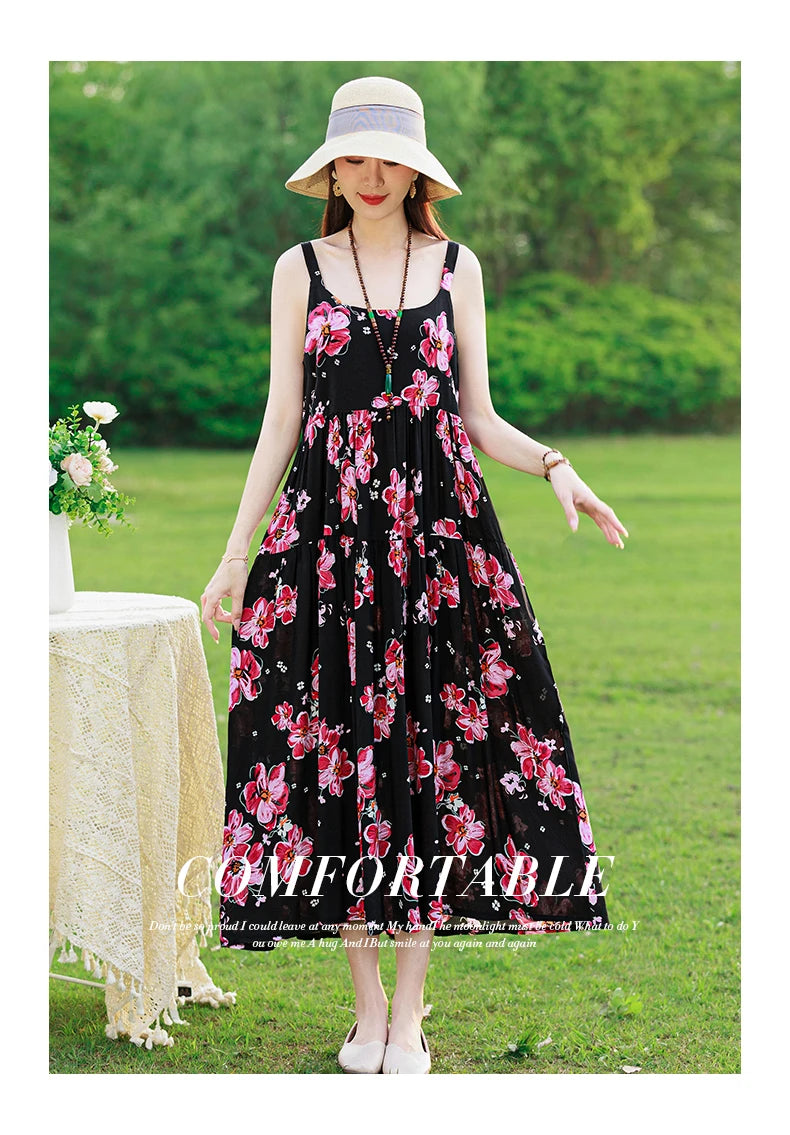 New Fashion Casual 2025 Summer Elegant Dresses For Women O-Neck Print Vintage Sleeveless Dress Loose Women Clothing