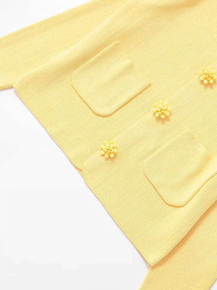 TRZA Women Fashion With Beaded Buttons Knit Cardigan Sweater Long Sleeve Patch Pockets Female Outerwear Chic Tops