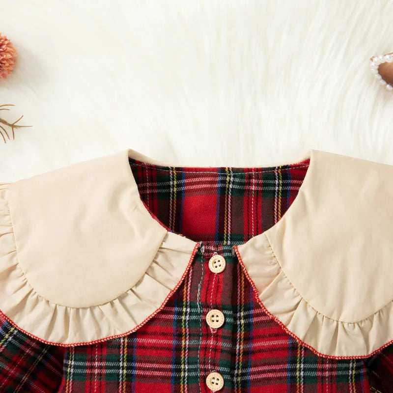 Spring and Autumn New Baby Girls Long Sleeve Dress Academy Style Checkered Children's Clothing+Rabbit Bag (9 Months-3 Years Old)