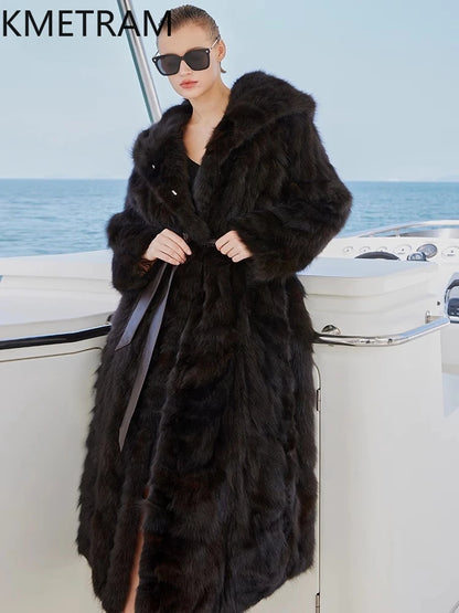 100% Natural Sable Fur Jacket Woman High Quality Long Real Fur Coat with Hood Winter Coats Women Clothing 2025 шуба женская Badiee Stylez
