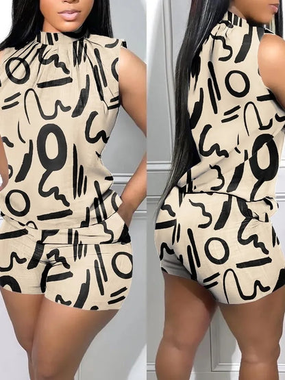 Summer New Street Trendy Women's Polyester Sexy Sleeveless Fashion Print Casual Round Neck 3/4 Shorts Sleeveless Comfortable Set