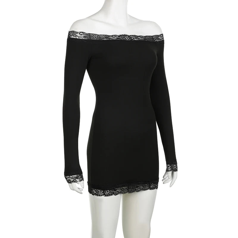 Rockmore Women's Lace Off Shoulder Bodycon Dress Elegant Long Sleeve Mini Dress for Party Club Dating Ladies Spring Fall Clothes