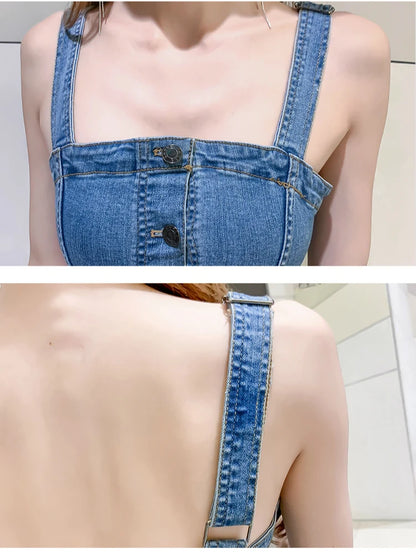 Denim Dress Summer Spaghetti Strap Sundress Vintage Casual Solid Retro Chic Sexy Jeans Button Front Blue Party Dress Women 2022