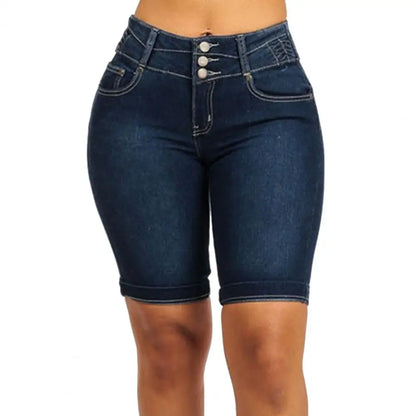 Trendy Denim Shorts Wear-resistant Bodycon Slim Jeans Shorts Mid Rise Soft Women Shorts for School Dark Blue