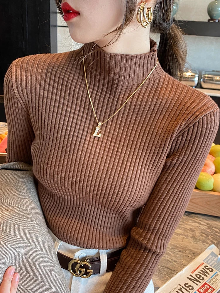Elegant Solid Basic Knitted Tops Women Turtlneck Sweater Long Sleeve Casual Slim Pullover Korean Fashion Simple Chic Clothes Coffee One Size