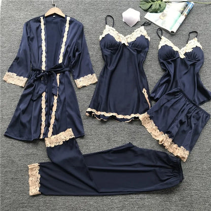 Pajamas Five Piece Set Sexy Lace Trim Nightgown Nightwear Spring Summer Women Bath Robe Loose Silk Satin Home Wear Pijamas Suit Navy Blue 5PCS C
