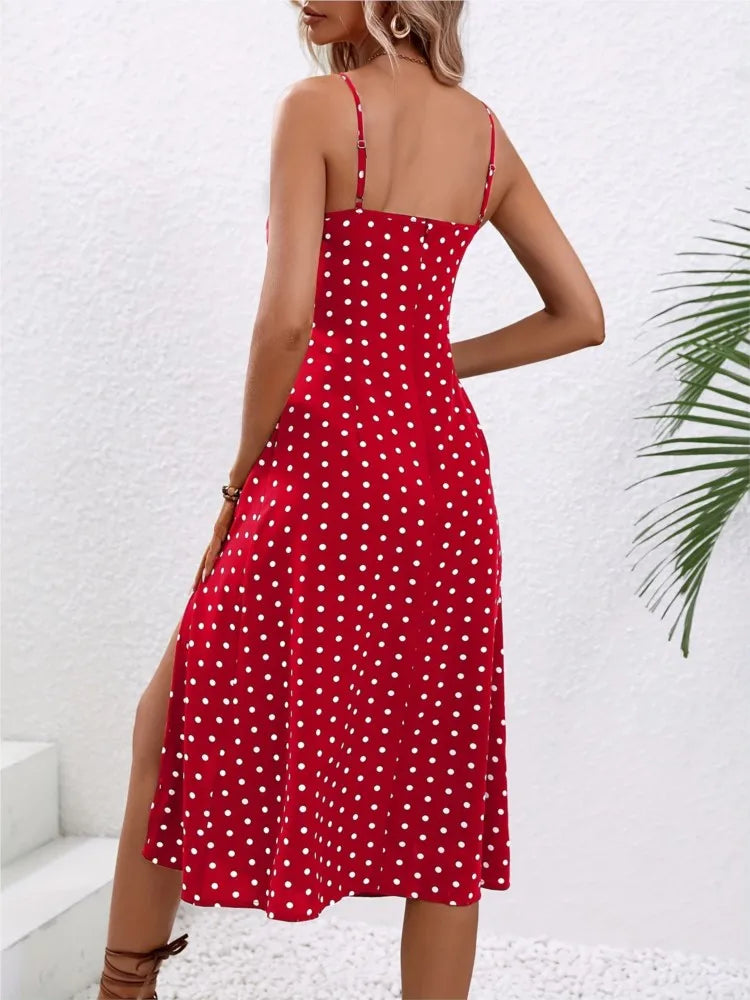 2024 Summer Sexy Spaghetti Straps Dress Women Fashion Polka Dot Print Sleeveless Slit Dress Boho Casual Beach Midi Dresses Badiee Stylez