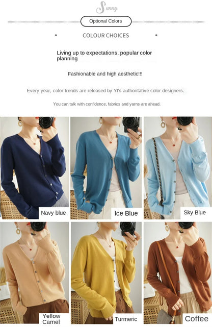 100% Cotton Line Long Sleeve V-Neck Knitted Cardigan Women Loose Short Solid Color Simple Sun Protection SMY K61