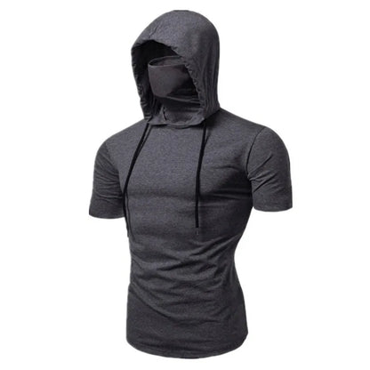 Mens Gym Thin Hoodie Short Sleeve Hoodies With Mask Sweatshirt Casual Splice Large Mask Hoodie Sweatshirt Hooded Tops Cycling Badiee Stylez