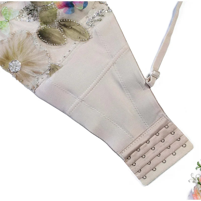 Flower Embroidery Bead Fish Bone Suspender Women Bra Sexy Exposed Waist Metal Buckle Top Party Vacation Female Tops 2025 Summer