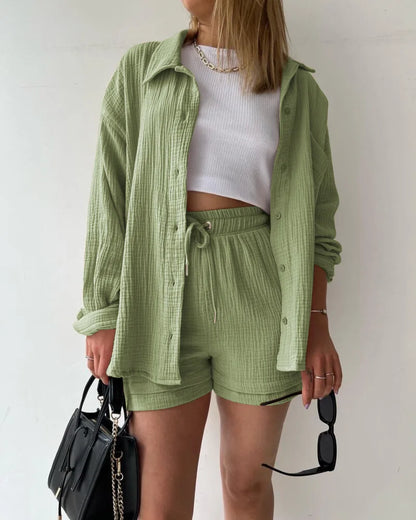Short Sets Women Tracksuit Single Breasted Cardigan Blouses Two Pieces Shorts Loose Button High Street Solid Pockets Folds