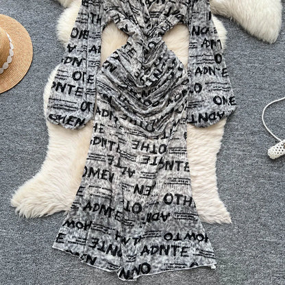 Chic vintage long sleeve Criss-Cross print pleated Elegant Fairy korean fashion dress women clothing Long dress