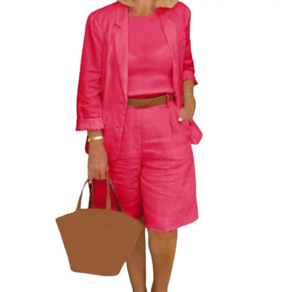 Formal Shorts Suit Knee Length Pants Lady Business Outfit Cardigan Plus Size Lady Coat Shorts Set Daily Wear Red