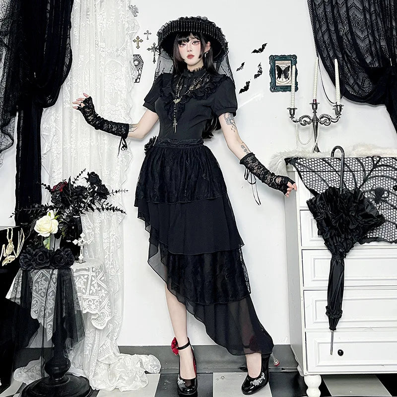 Harajuku American Fashion Gothic Black Irregular Layer Spliced Layered Skirt Women's Summer Fashion Street Y2K Long Skirt