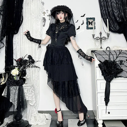 Harajuku American Fashion Gothic Black Irregular Layer Spliced Layered Skirt Women's Summer Fashion Street Y2K Long Skirt