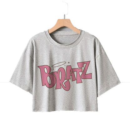 Gothic Bratz Cropped Print Crew Neck T-shirt Y2K Short Sleeve Tight Fit Crop Top Spring Summer Women's Clothing grey--79171