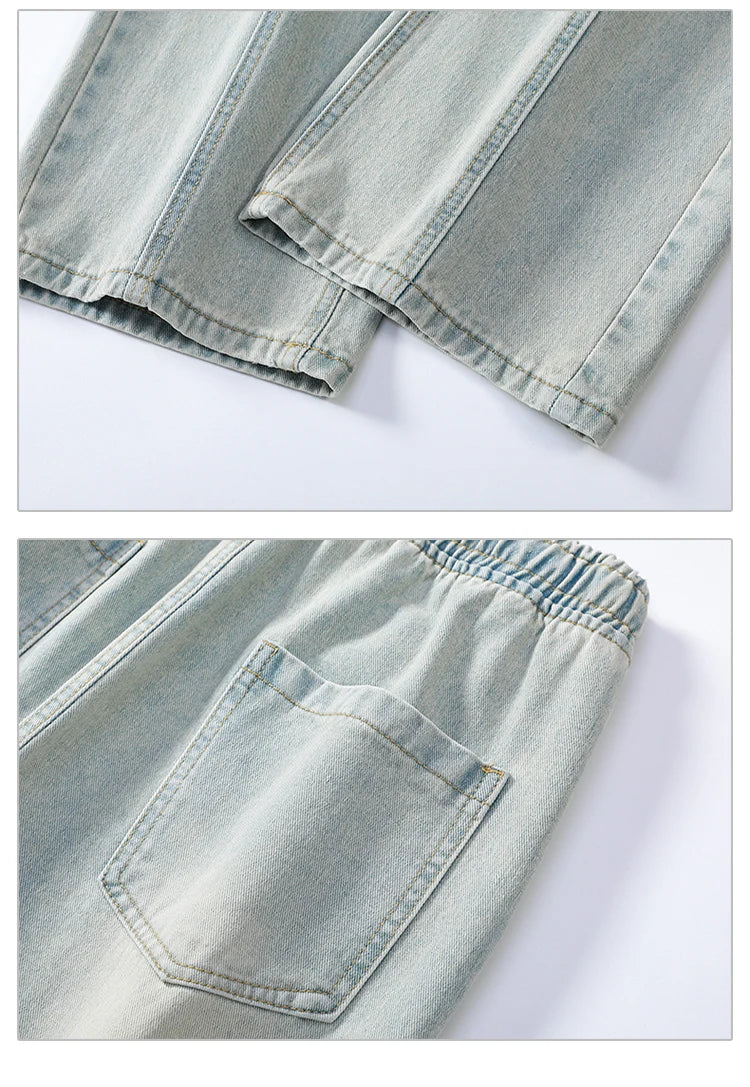 Men's Summer Ripped Jeans Loose Straight Leg Retro Men Draw Rope Port Fashion Brand All-match Casual Pants