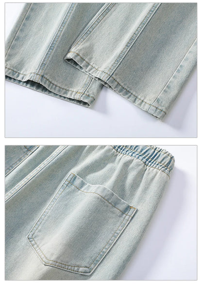 Men's Summer Ripped Jeans Loose Straight Leg Retro Men Draw Rope Port Fashion Brand All-match Casual Pants