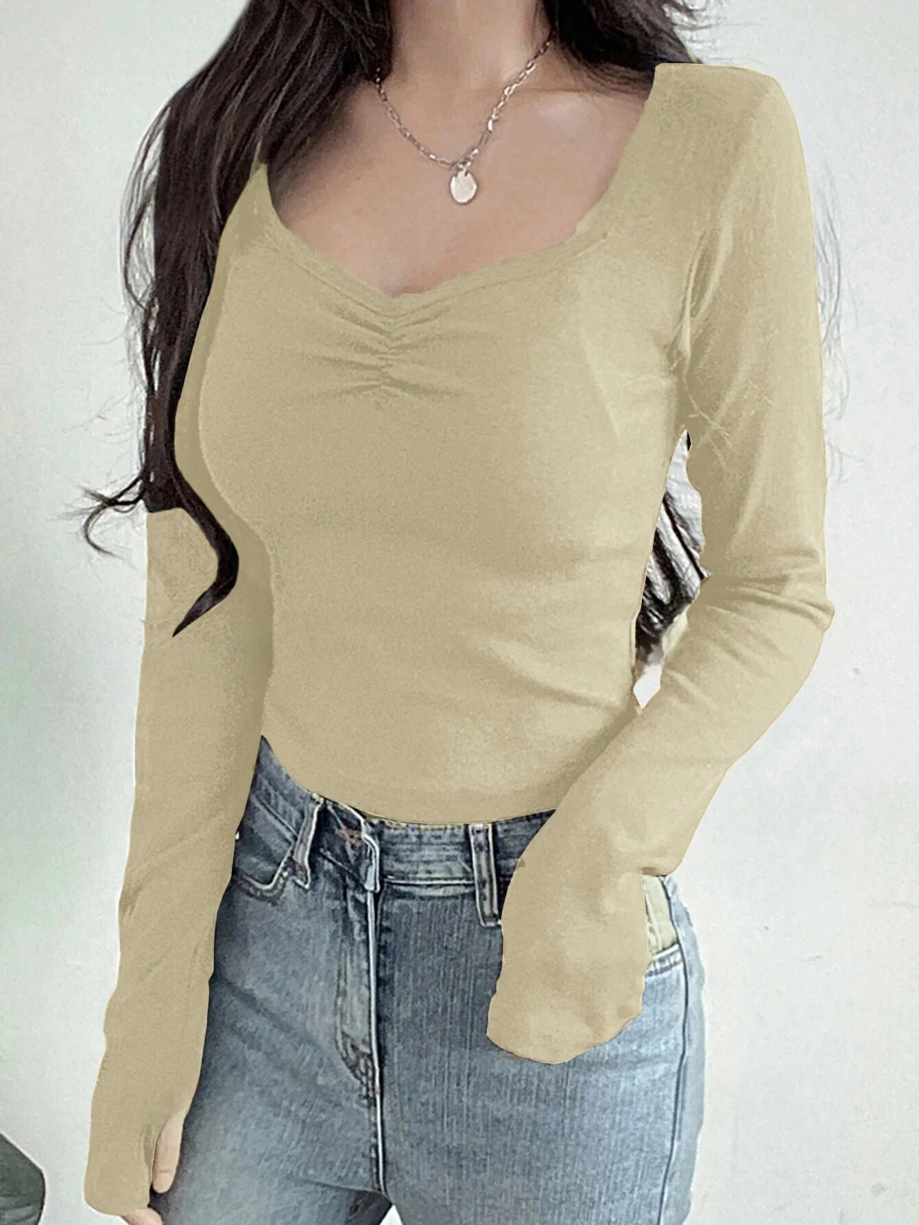Women Long Sleeve Tops - Sexy Going Out Sweetheart V Neck Basic Shirts Tight Slim Fall Trendy Clothing